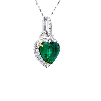 18K White Gold 2.96 C.T. Heart Shaped Emerald Pave Set Pendant with 5/8 C.T.W. Diamonds By The Yard Necklace