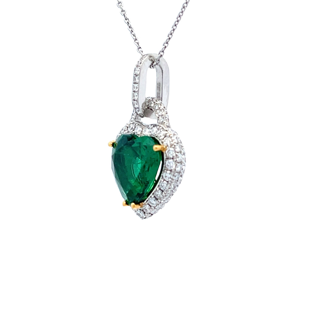 18K White Gold 2.96 C.T. Heart Shaped Emerald Pave Set Pendant with 5/8 C.T.W. Diamonds By The Yard Necklace