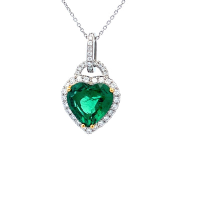 18K White Gold 2.96 C.T. Heart Shaped Emerald Pave Set Pendant with 5/8 C.T.W. Diamonds By The Yard Necklace