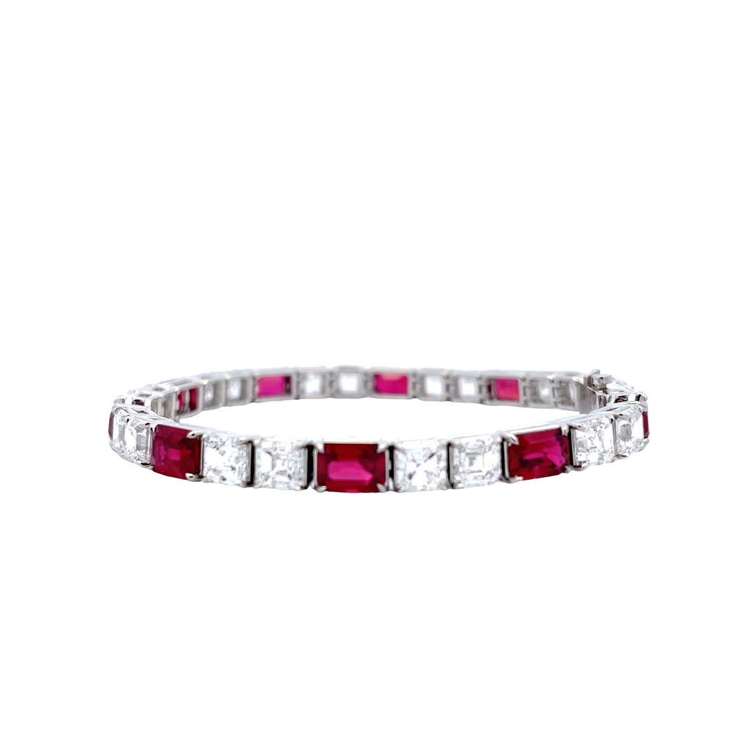 Platinum 11 1/6 C.T.W. Emerald Cut Ruby with 16 1/8 C.T.W. Asscher Diamond Tennis Bracelet