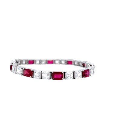 Platinum 11 1/6 C.T.W. Emerald Cut Ruby with 16 1/8 C.T.W. Asscher Diamond Tennis Bracelet