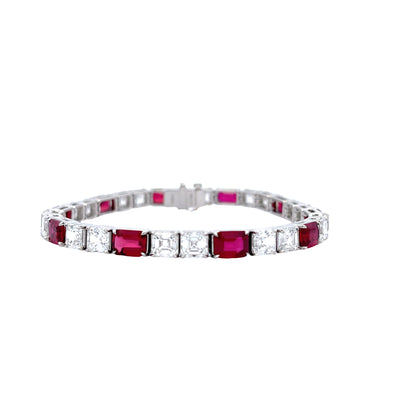 Platinum 11 1/6 C.T.W. Emerald Cut Ruby with 16 1/8 C.T.W. Asscher Diamond Tennis Bracelet