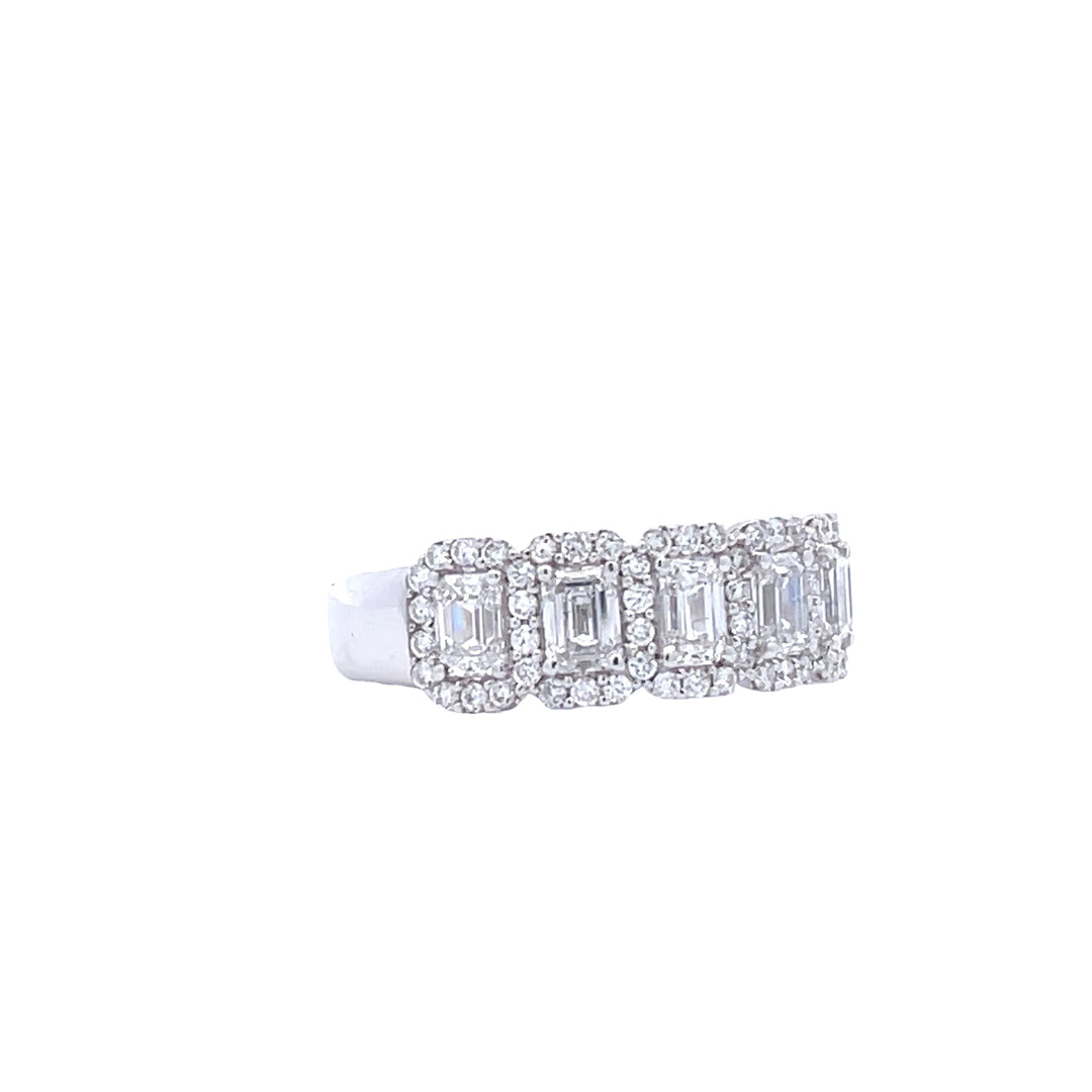 14K White Gold 1 3/4 CTW Emerald Cut and 3/8 CTW Round Diamond Seven Stone Halo Fashion Ring