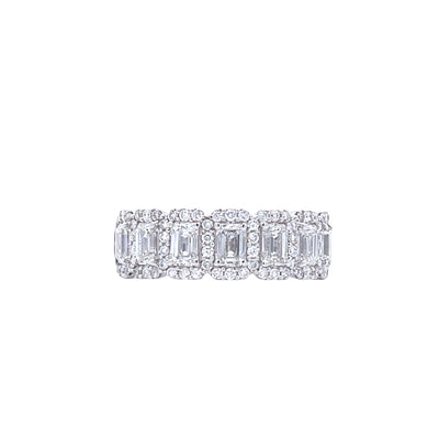 14K White Gold 1 3/4 CTW Emerald Cut and 3/8 CTW Round Diamond Seven Stone Halo Fashion Ring