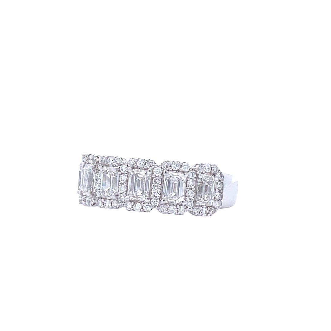 14K White Gold 1 3/4 CTW Emerald Cut and 3/8 CTW Round Diamond Seven Stone Halo Fashion Ring