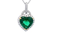 18K White Gold 2.96 C.T. Heart Shaped Emerald Pave Set Pendant with 5/8 C.T.W. Diamonds By The Yard Necklace